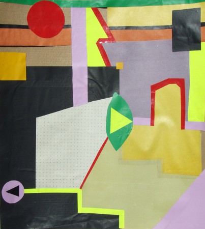 Elestem a lépcsőházban!/ I fall down in the staircase! matrica, színes papír, karton/sticker, coloured paper, cardboard 34x30 cm