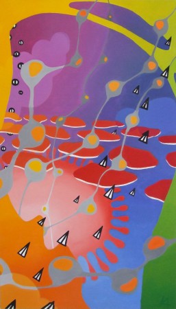 ...A másikon ki/...From the other goes out (olaj, vászon/oil on canvas, 70x120 cm)